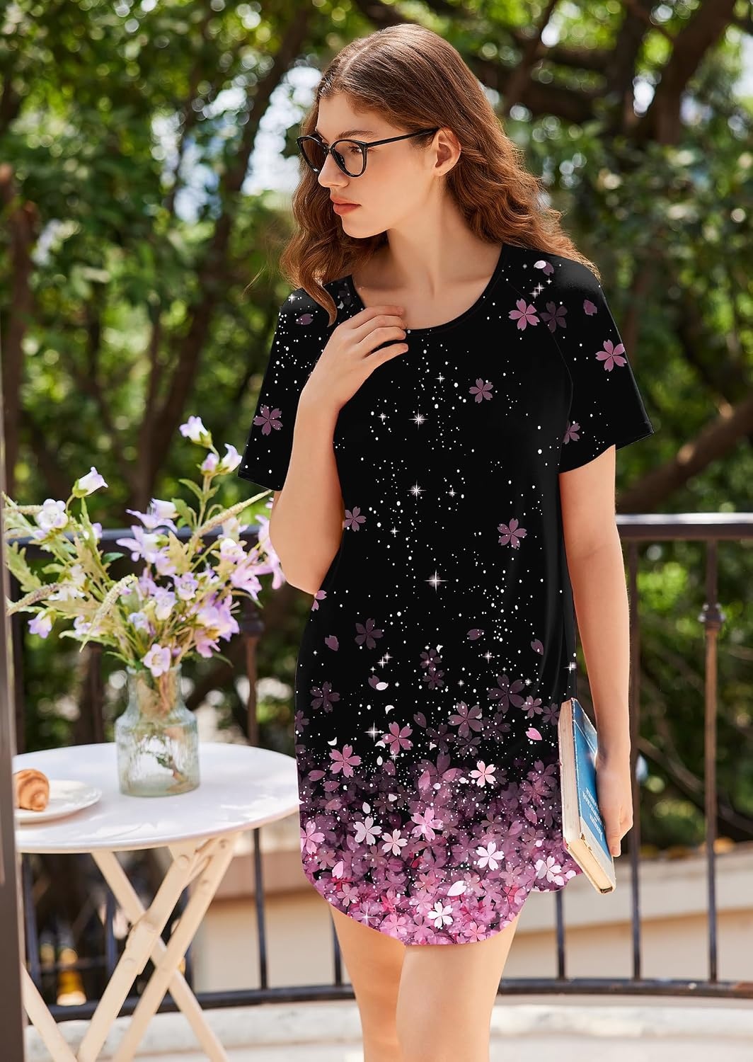 image:imageEkouaer Nightgowns for Women 3 Pack Sleep Shirts Short Sleeve Nightshirt Pullover Nightdress Soft SleepwearNavy BlueGreyPurple Pink Floral