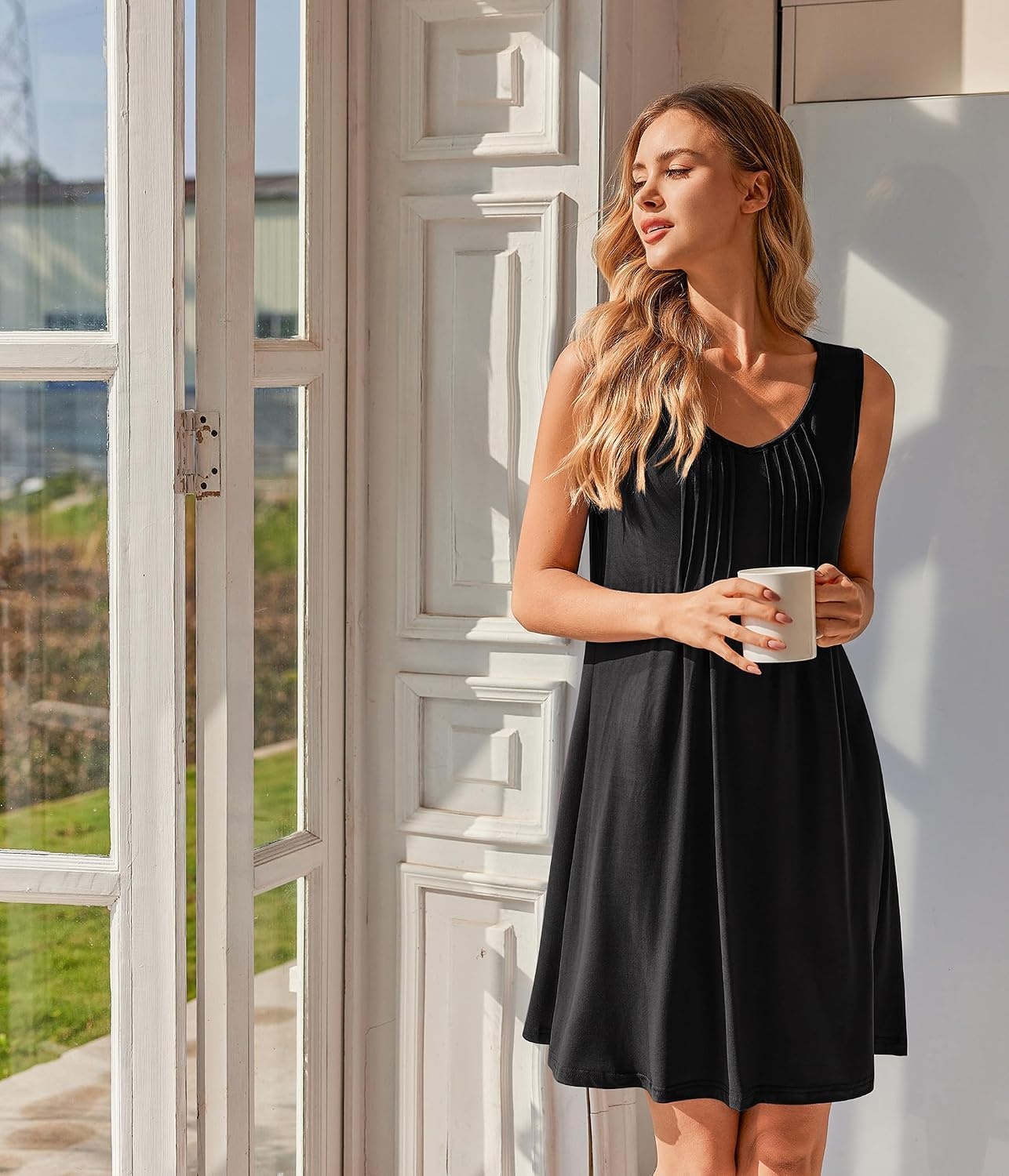 image:imageEkouaer Nightgowns for Women Sleeveless Sleep Shirt Tank V Neck Night GownBlack