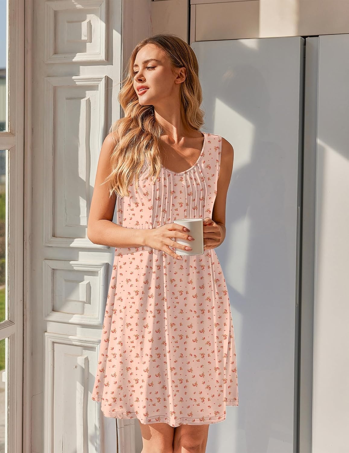 image:imageEkouaer Nightgowns for Women Sleeveless Sleep Shirt Tank V Neck Night GownBlush Pink Floral