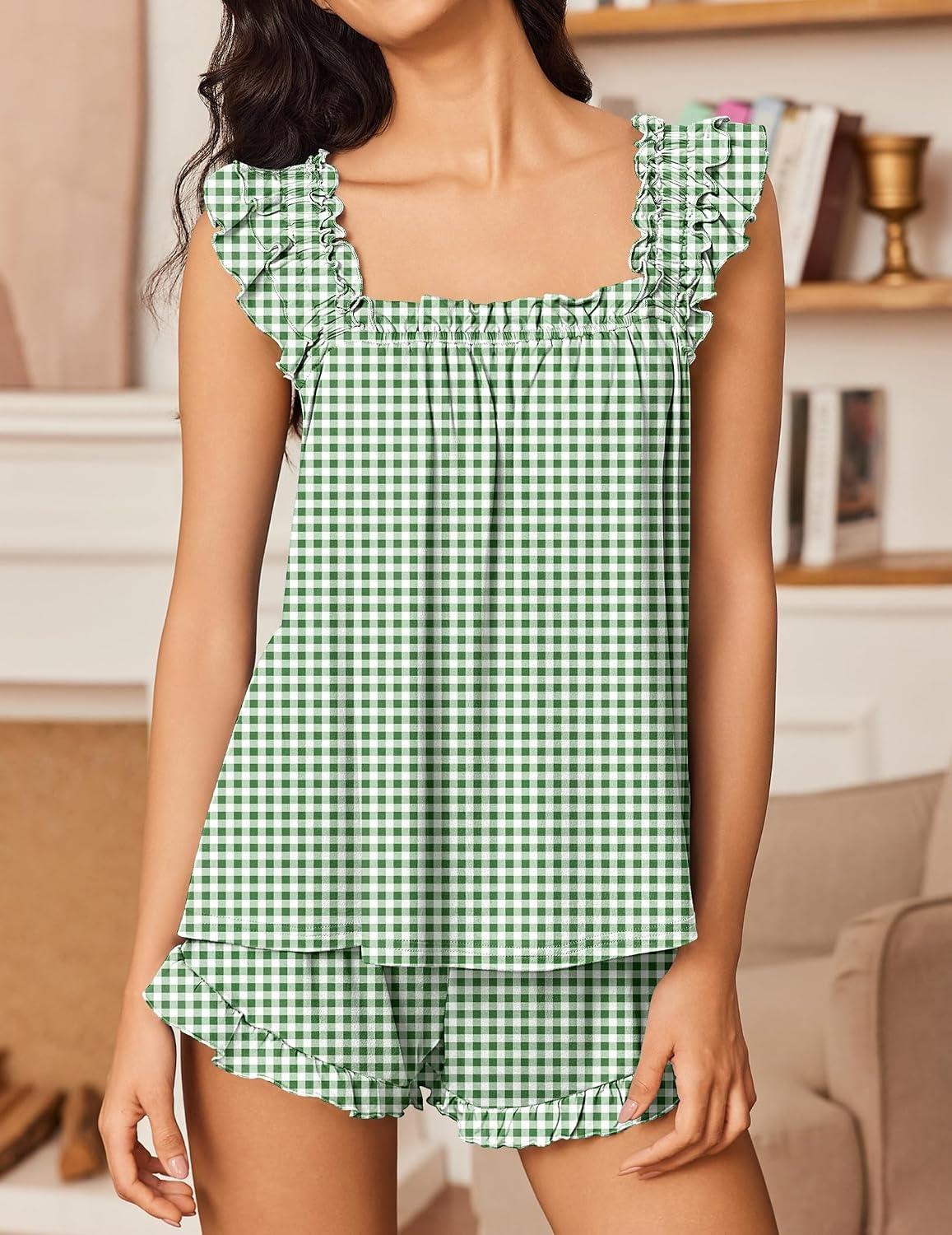 image:imageEkouaer Pajama for Women Set 2 Piece Ruffle Pjs Soft Tank Top and ShortsGingham Green
