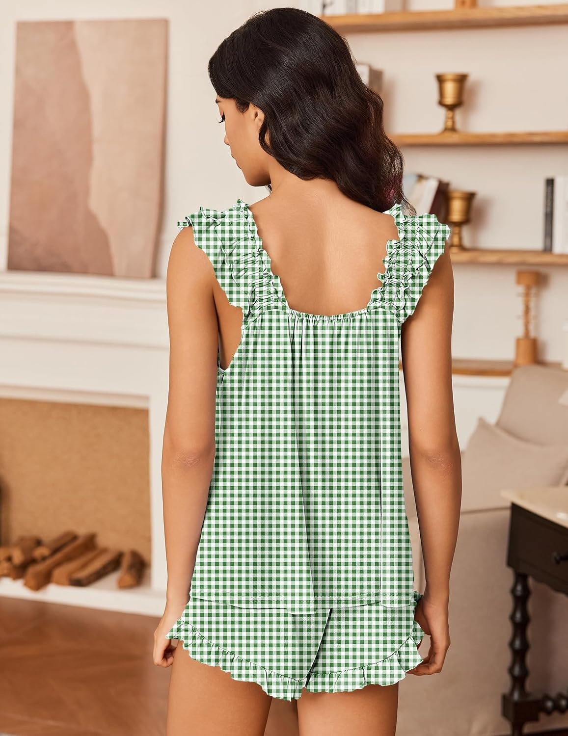 image:imageEkouaer Pajama for Women Set 2 Piece Ruffle Pjs Soft Tank Top and ShortsGingham Green