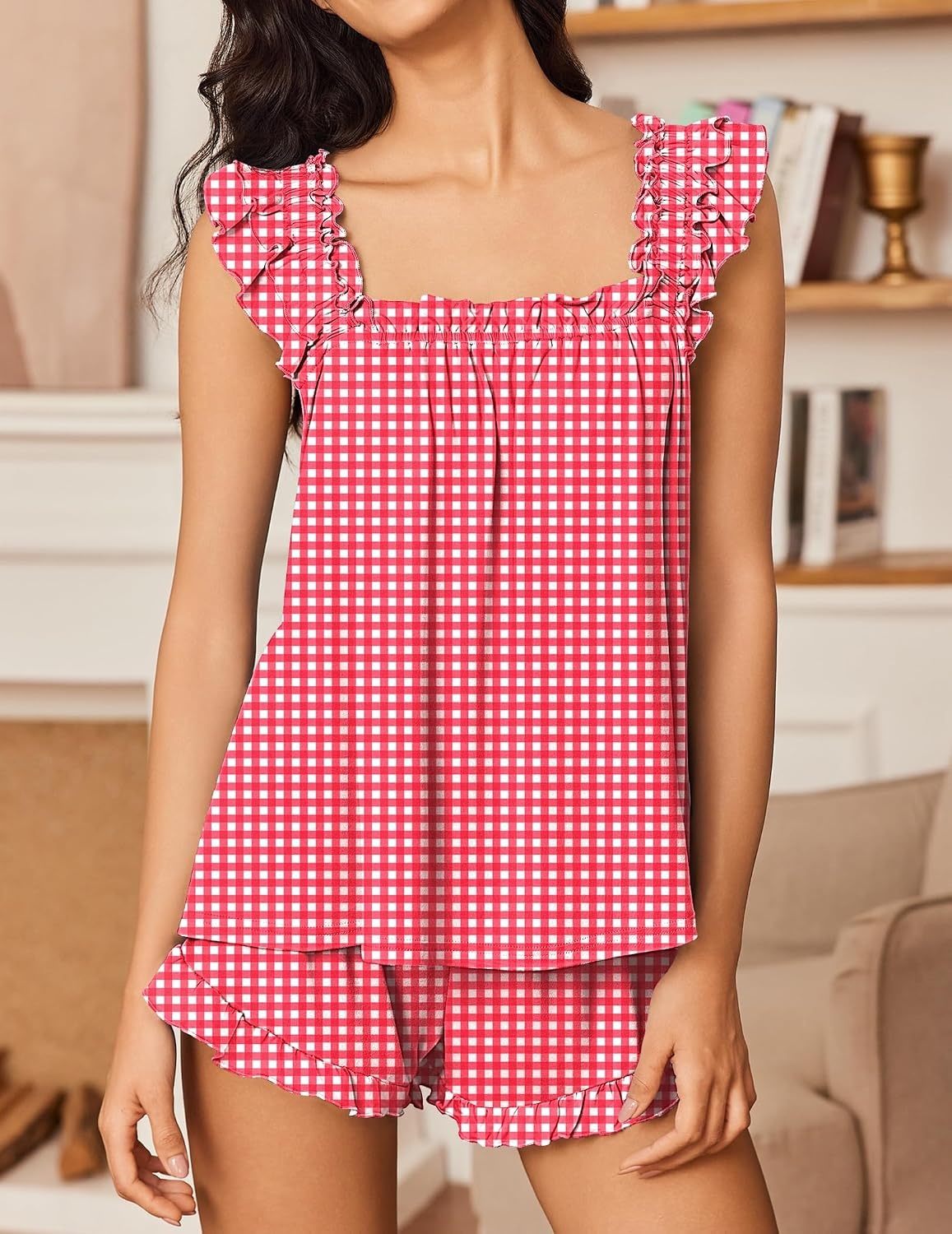 image:imageEkouaer Pajama for Women Set 2 Piece Ruffle Pjs Soft Tank Top and ShortsGingham Red