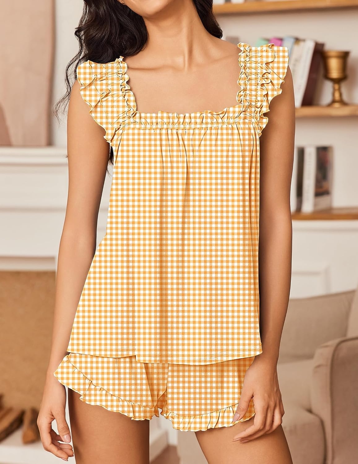 image:imageEkouaer Pajama for Women Set 2 Piece Ruffle Pjs Soft Tank Top and ShortsGingham Yellow