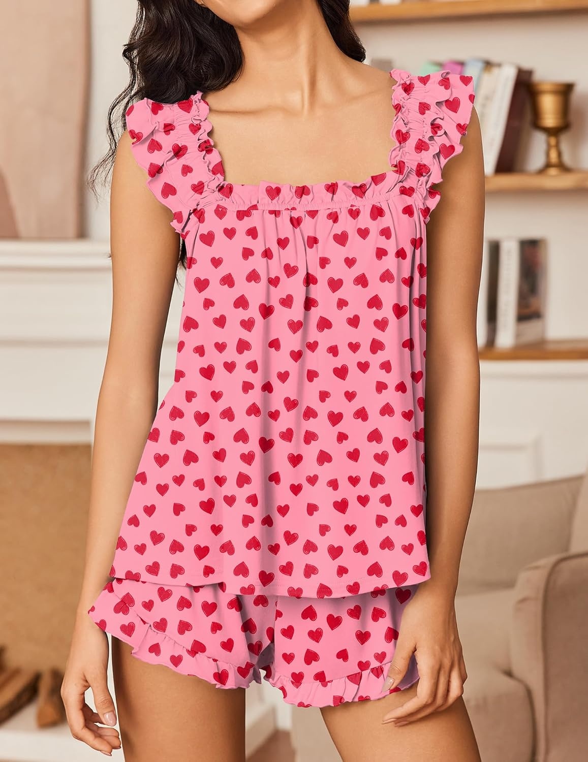 image:imageEkouaer Pajama for Women Set 2 Piece Ruffle Pjs Soft Tank Top and ShortsRed Hearts