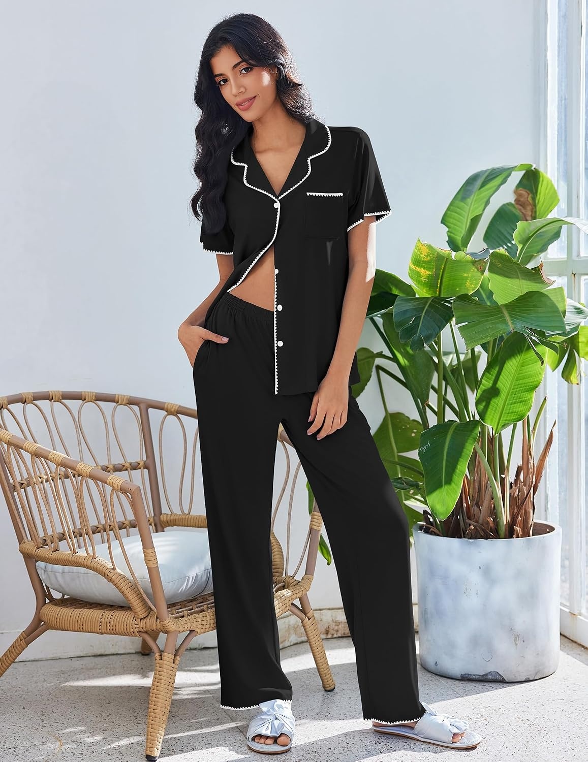 image:imageEkouaer Pajamas for Women Set Button Up Soft Pjs Short Sleeve Lounge SetsBlack
