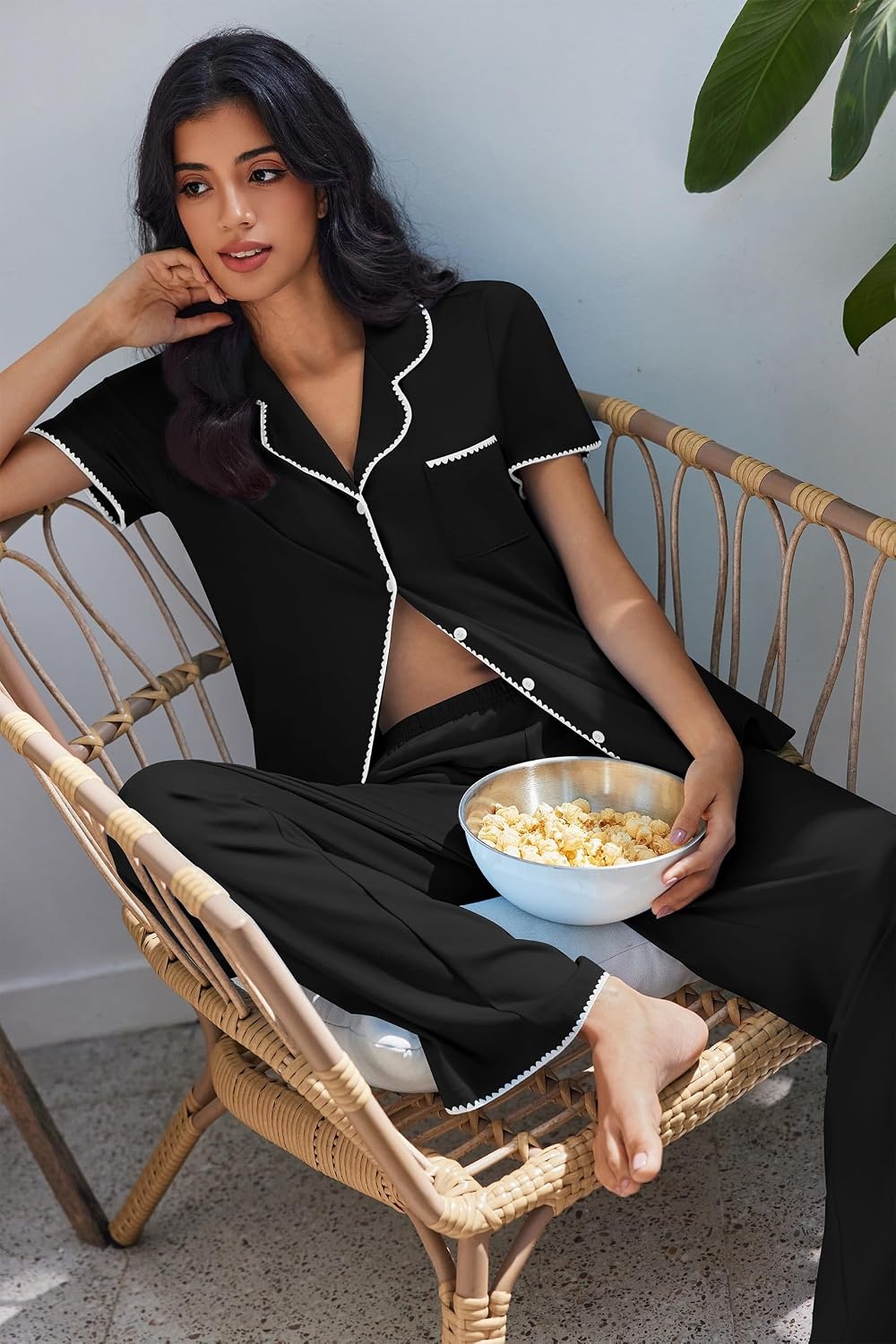 image:imageEkouaer Pajamas for Women Set Button Up Soft Pjs Short Sleeve Lounge SetsBlack