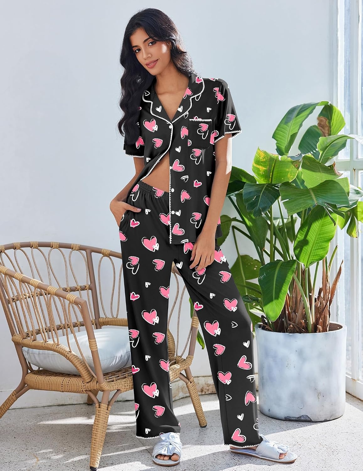 image:imageEkouaer Pajamas for Women Set Button Up Soft Pjs Short Sleeve Lounge SetsBlack With Pink Hearts