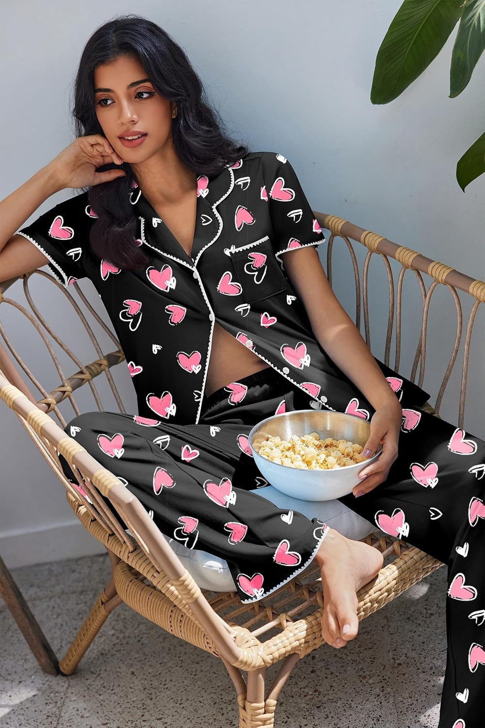 image:imageEkouaer Pajamas for Women Set Button Up Soft Pjs Short Sleeve Lounge SetsBlack With Pink Hearts