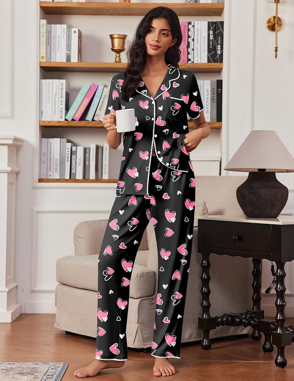 image:imageEkouaer Pajamas for Women Set Button Up Soft Pjs Short Sleeve Lounge SetsBlack With Pink Hearts