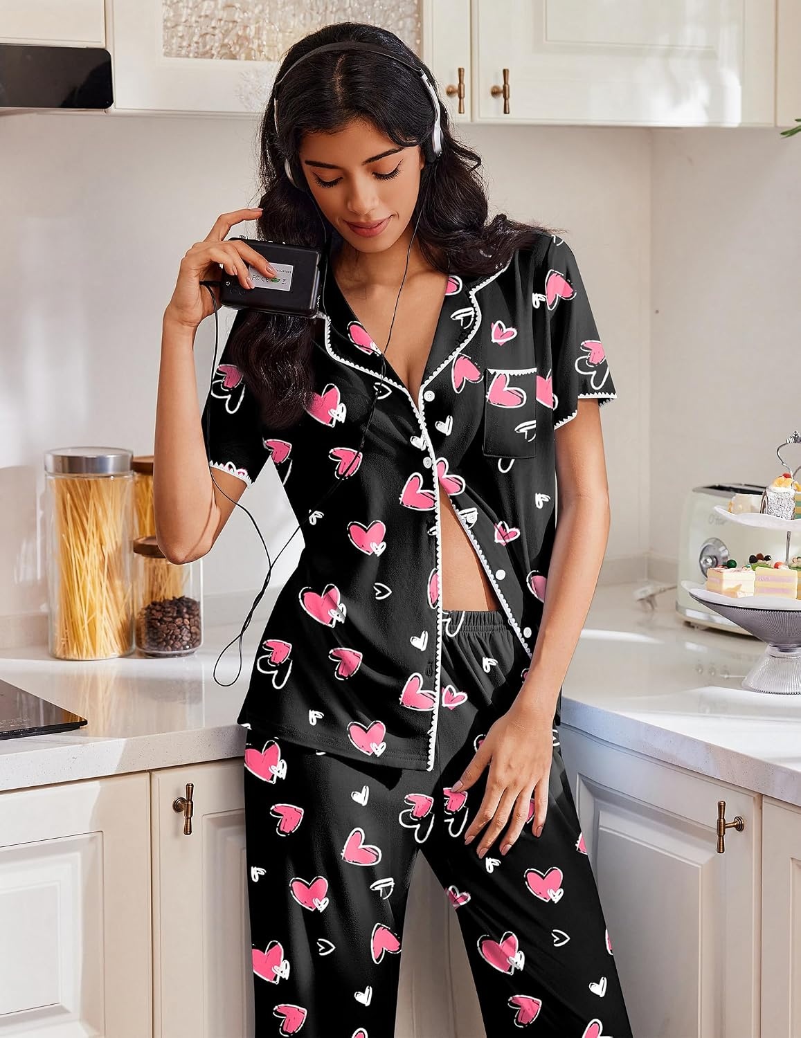 image:imageEkouaer Pajamas for Women Set Button Up Soft Pjs Short Sleeve Lounge SetsBlack With Pink Hearts
