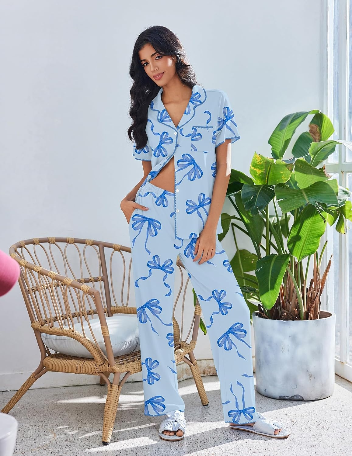 image:imageEkouaer Pajamas for Women Set Button Up Soft Pjs Short Sleeve Lounge SetsBlue Bow Tie