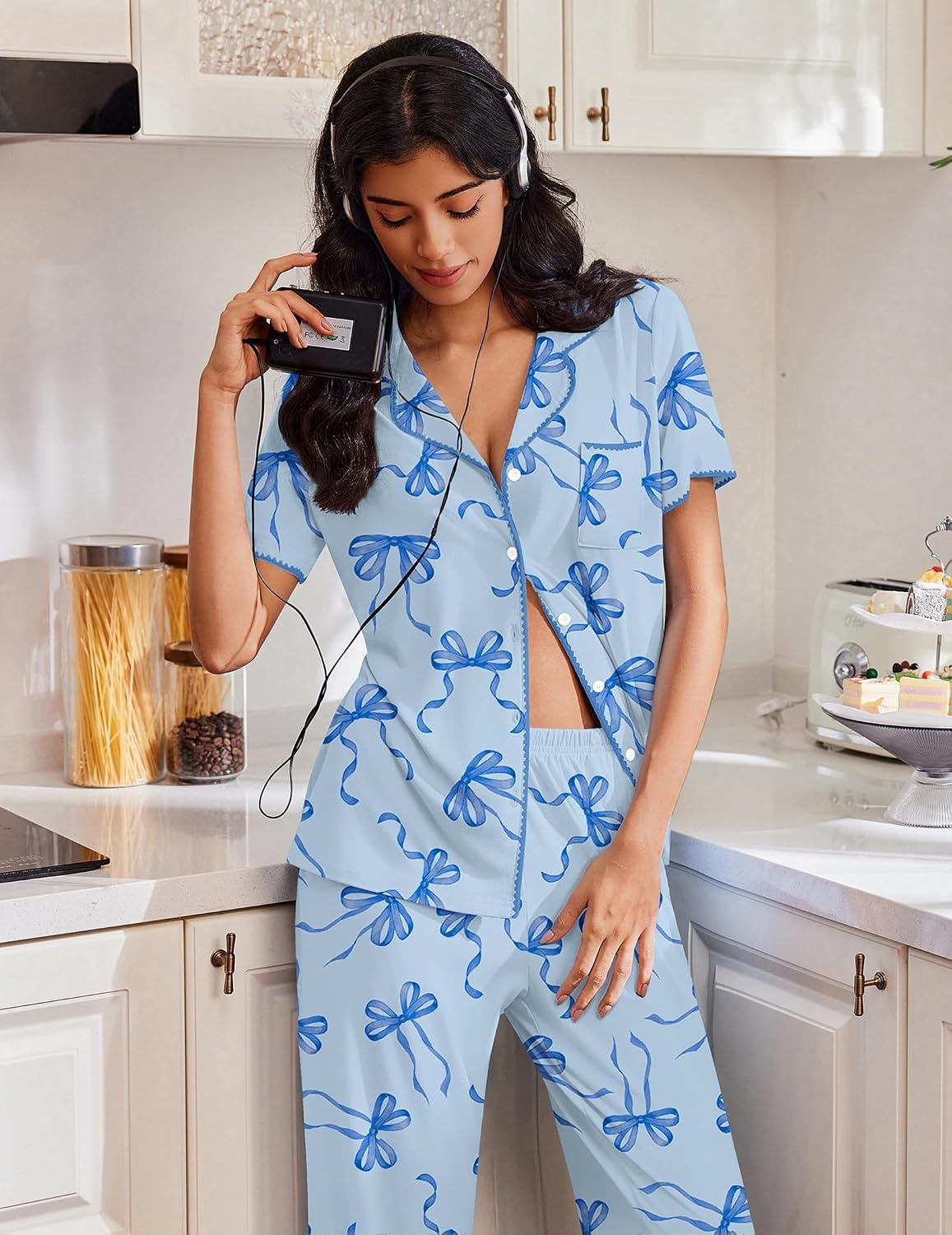 image:imageEkouaer Pajamas for Women Set Button Up Soft Pjs Short Sleeve Lounge SetsBlue Bow Tie