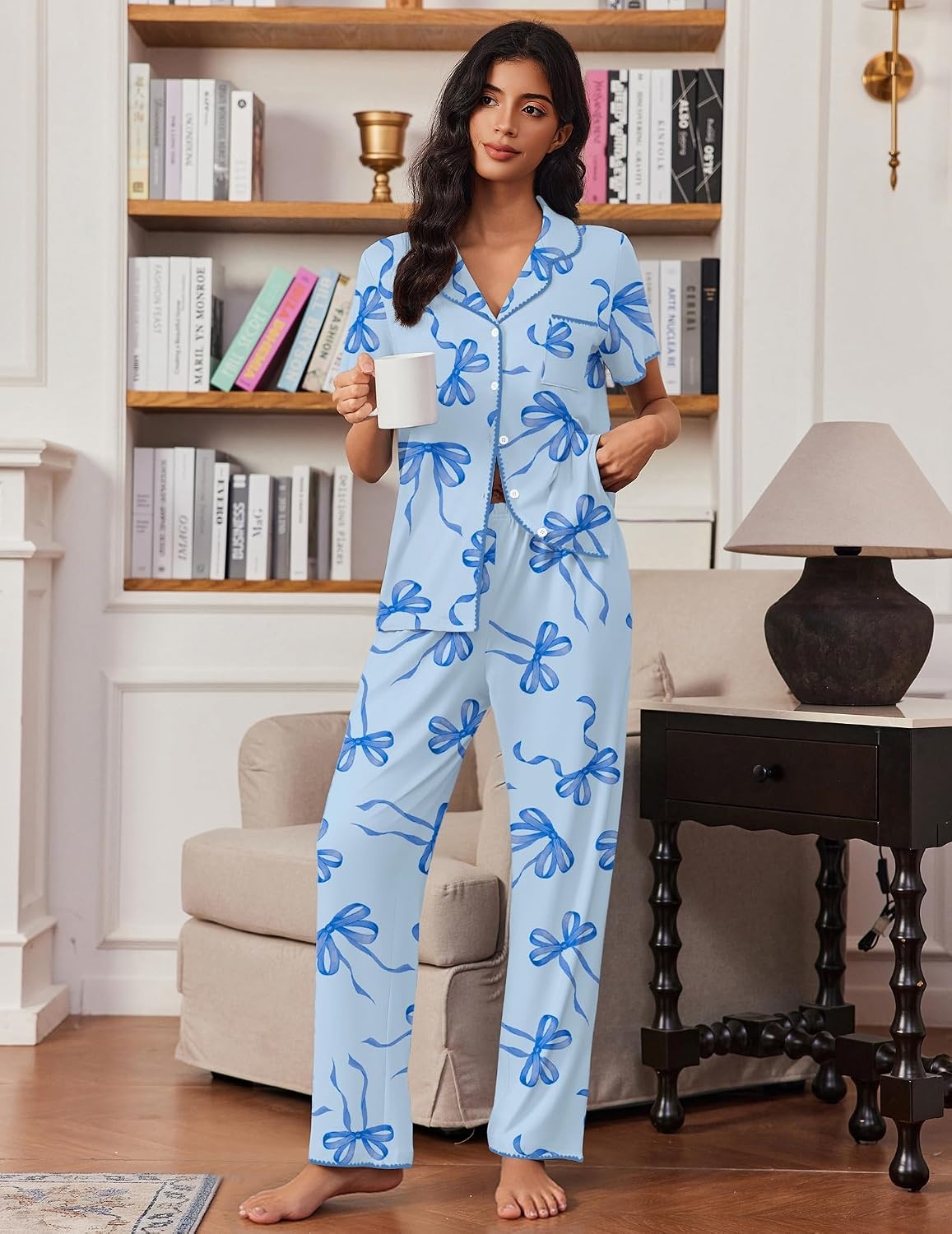 image:imageEkouaer Pajamas for Women Set Button Up Soft Pjs Short Sleeve Lounge SetsBlue Bow Tie