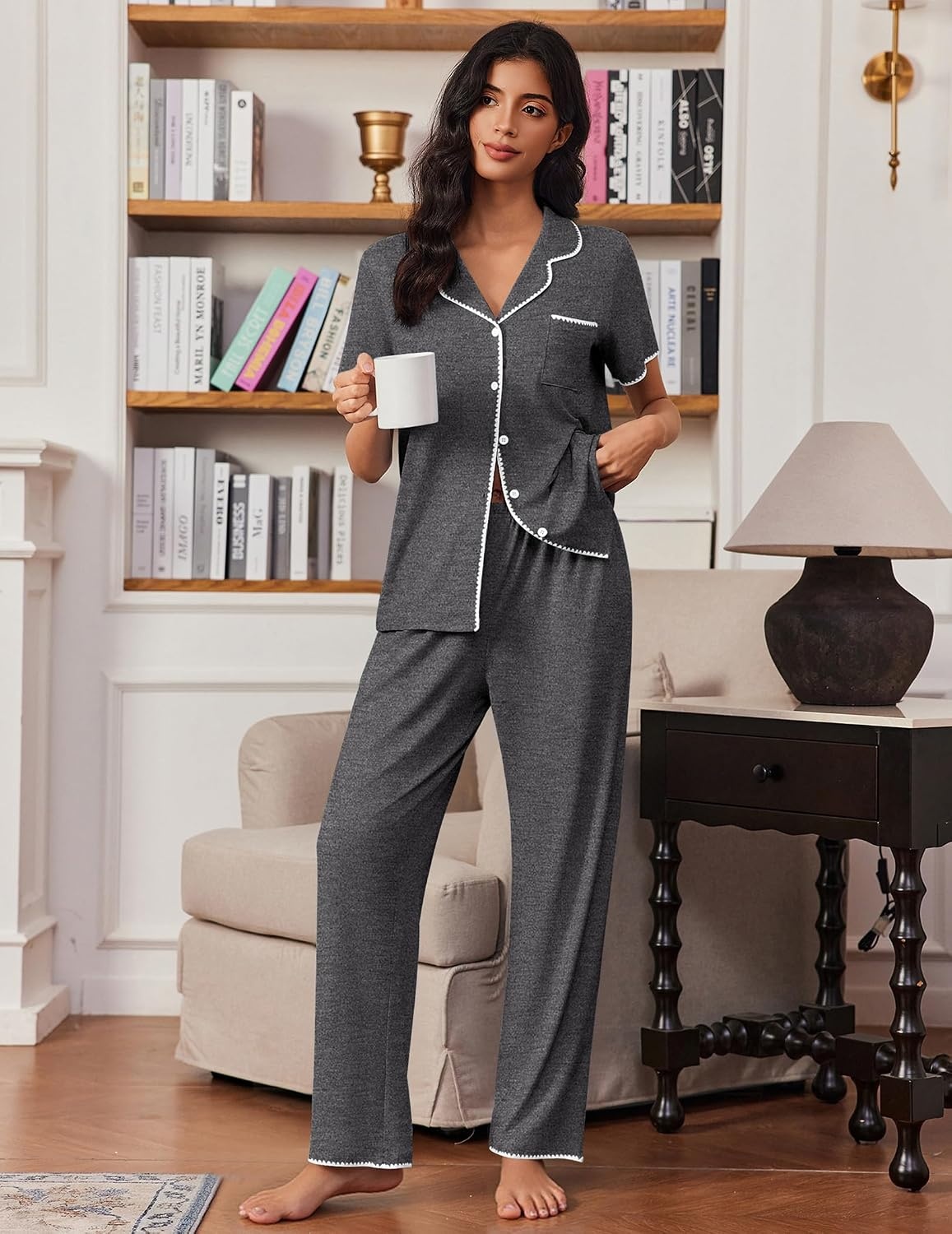 image:imageEkouaer Pajamas for Women Set Button Up Soft Pjs Short Sleeve Lounge SetsDeep Grey