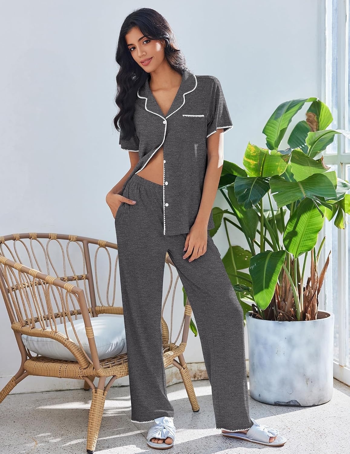 image:imageEkouaer Pajamas for Women Set Button Up Soft Pjs Short Sleeve Lounge SetsDeep Grey