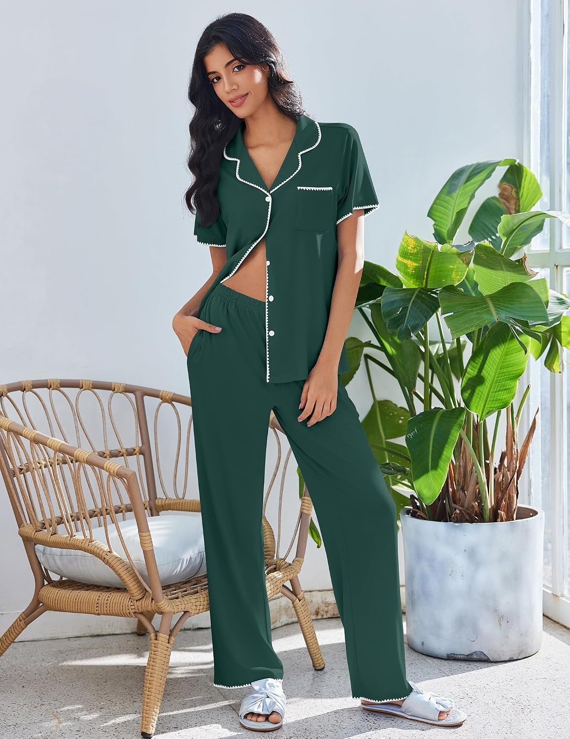 image:imageEkouaer Pajamas for Women Set Button Up Soft Pjs Short Sleeve Lounge SetsGreen