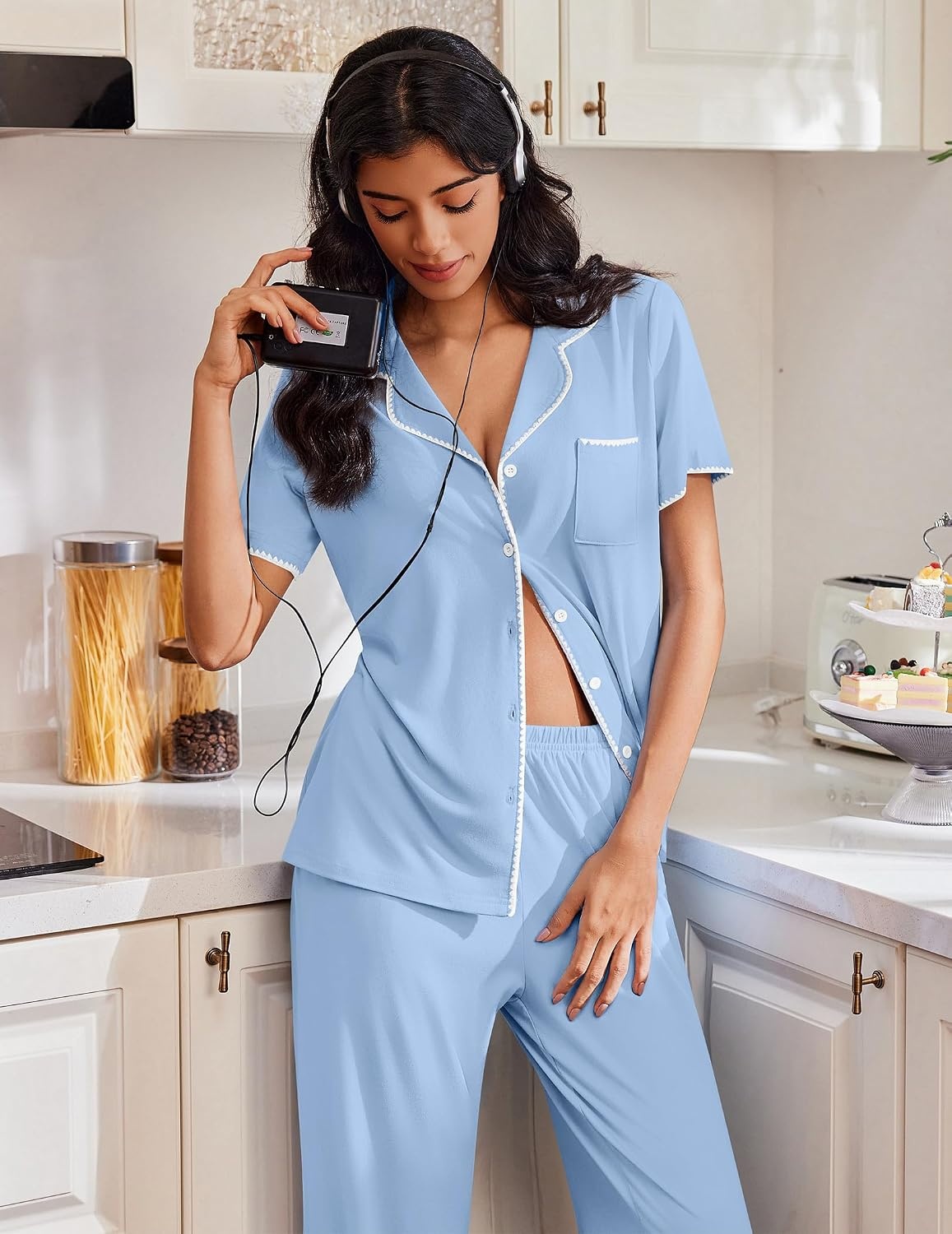 image:imageEkouaer Pajamas for Women Set Button Up Soft Pjs Short Sleeve Lounge SetsLight Blue