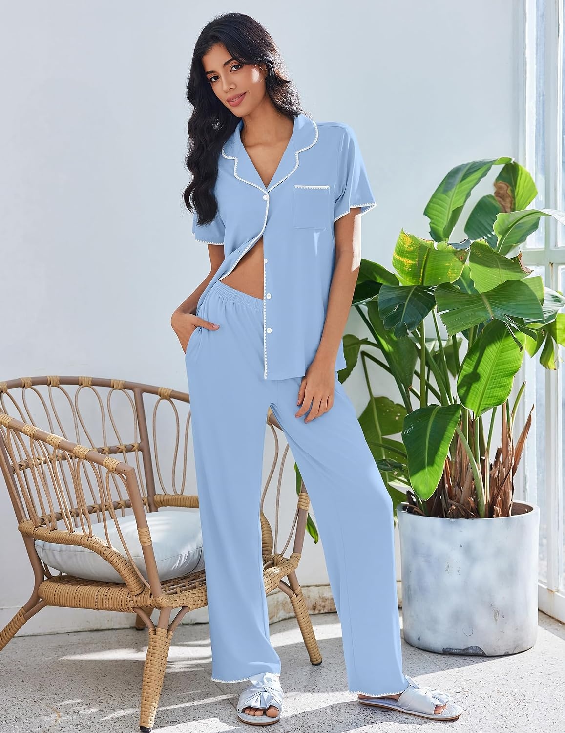 image:imageEkouaer Pajamas for Women Set Button Up Soft Pjs Short Sleeve Lounge SetsLight Blue