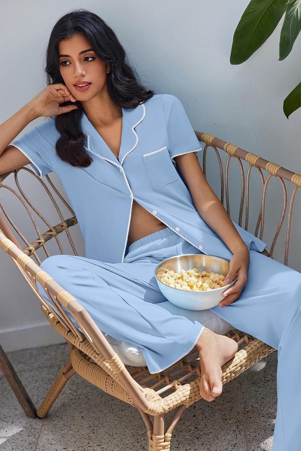 image:imageEkouaer Pajamas for Women Set Button Up Soft Pjs Short Sleeve Lounge SetsLight Blue