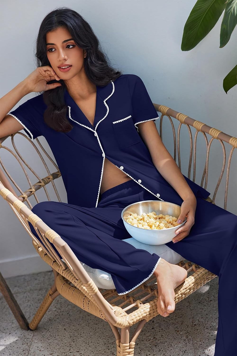 image:imageEkouaer Pajamas for Women Set Button Up Soft Pjs Short Sleeve Lounge SetsNavy Blue