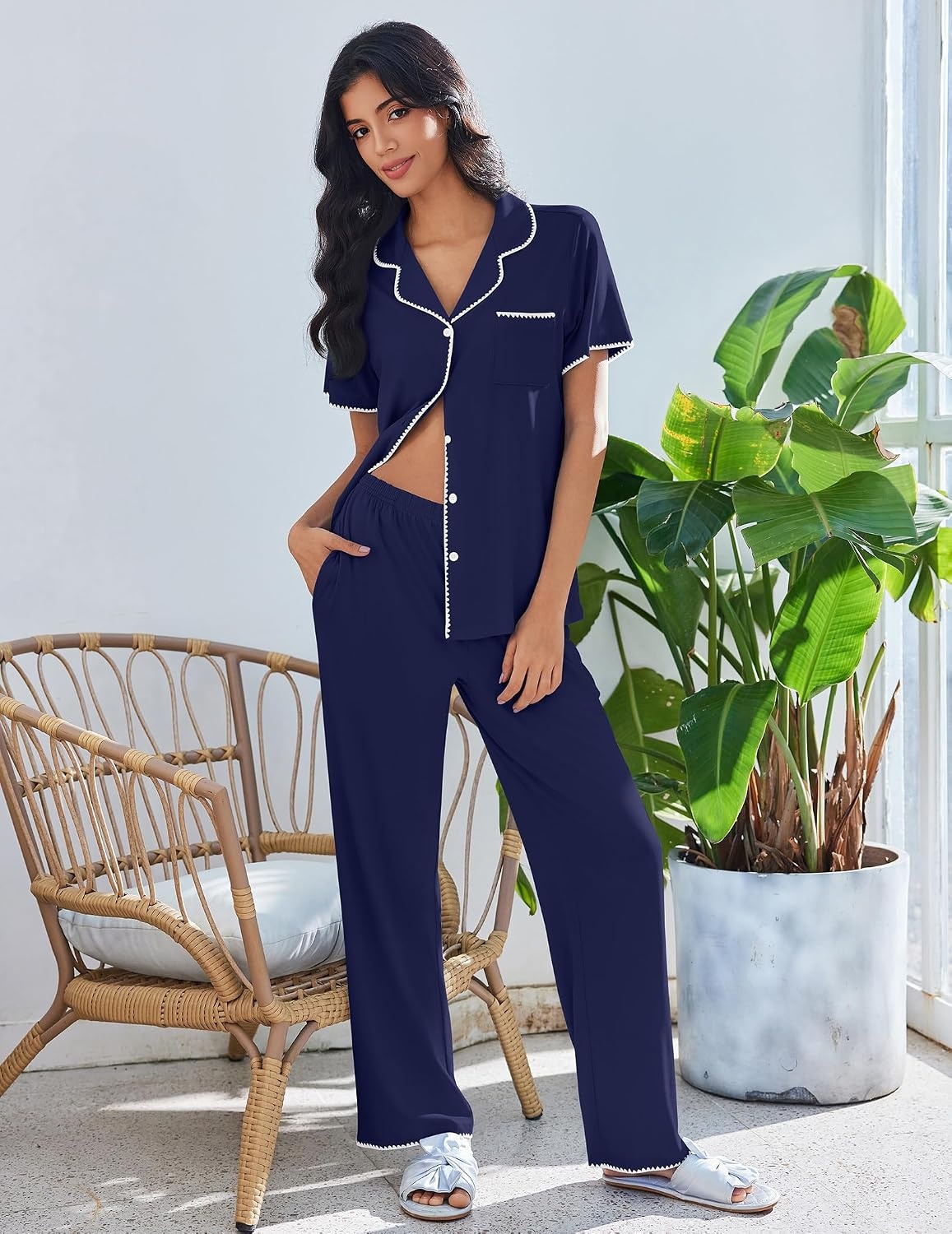 image:imageEkouaer Pajamas for Women Set Button Up Soft Pjs Short Sleeve Lounge SetsNavy Blue