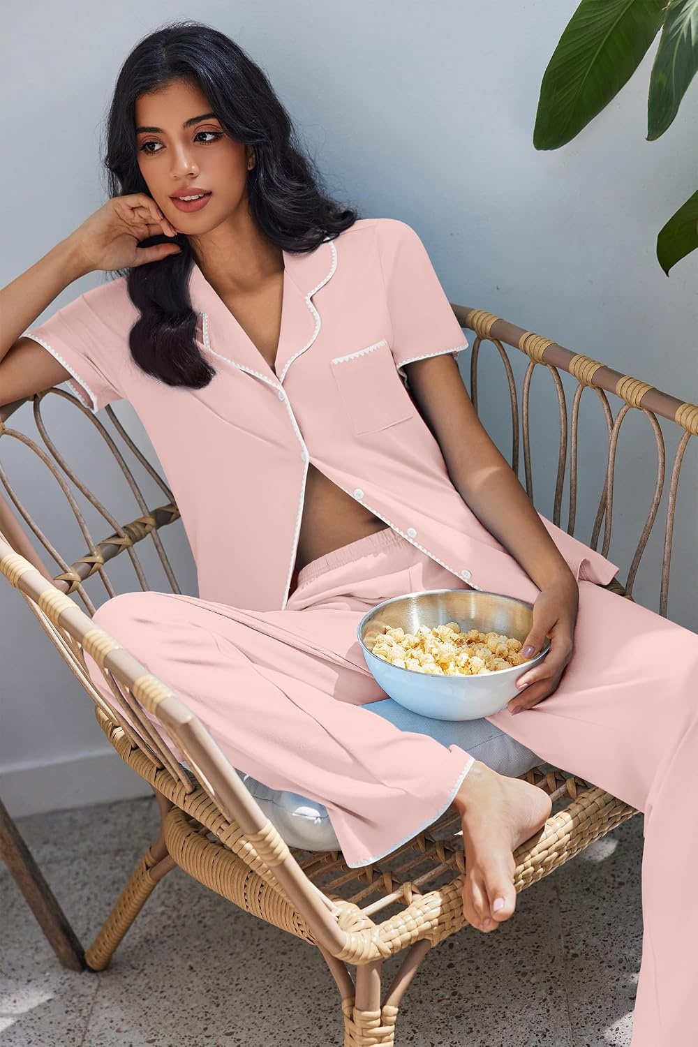 image:imageEkouaer Pajamas for Women Set Button Up Soft Pjs Short Sleeve Lounge SetsPink