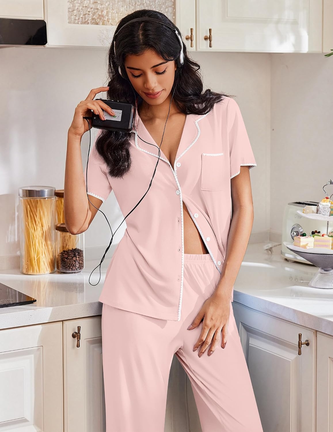 image:imageEkouaer Pajamas for Women Set Button Up Soft Pjs Short Sleeve Lounge SetsPink