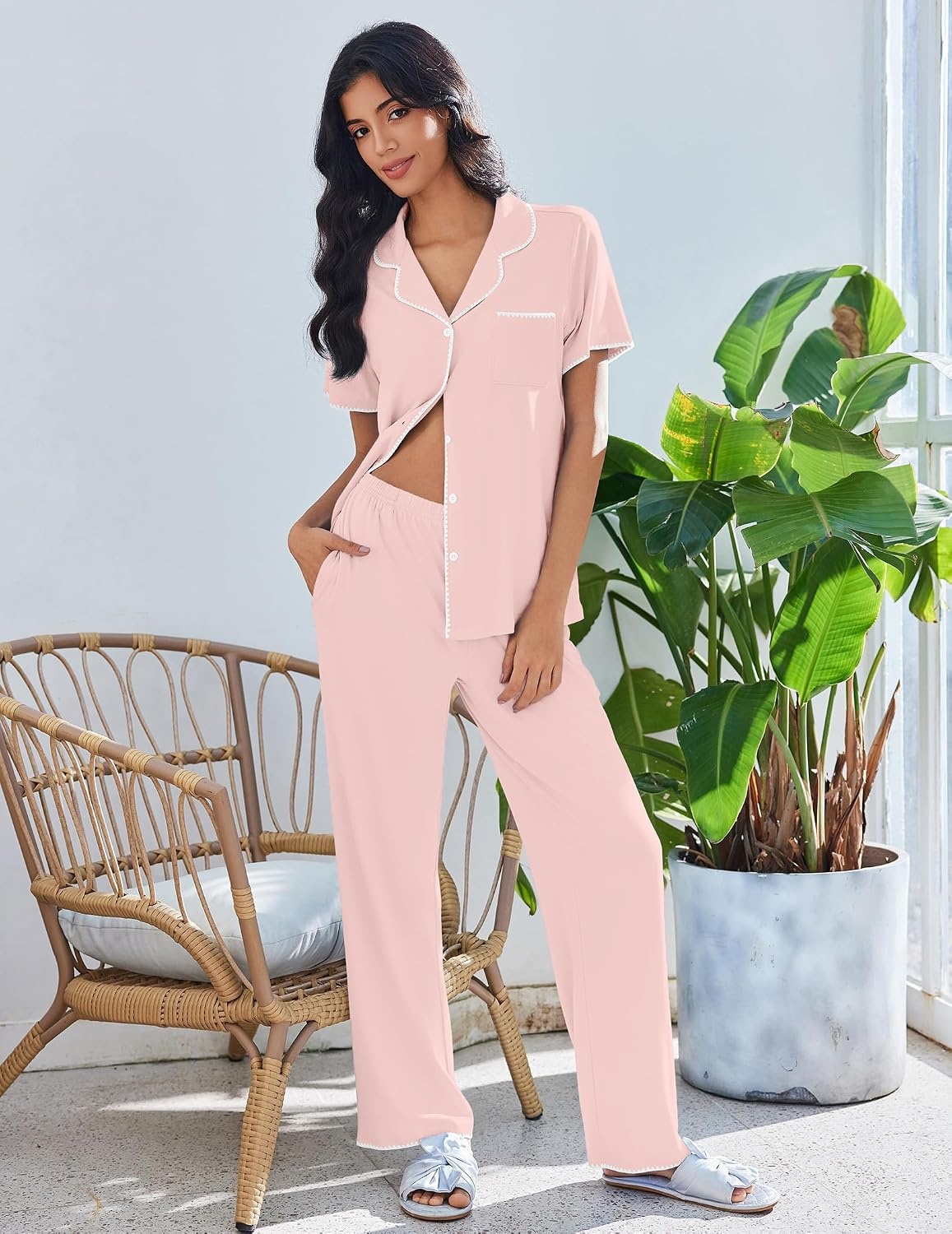 image:imageEkouaer Pajamas for Women Set Button Up Soft Pjs Short Sleeve Lounge SetsPink