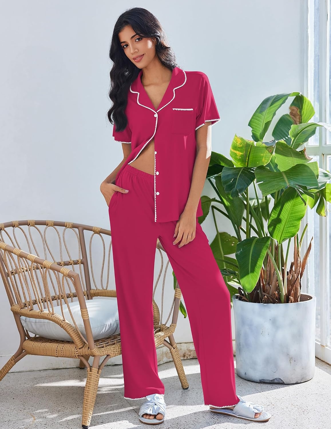 image:imageEkouaer Pajamas for Women Set Button Up Soft Pjs Short Sleeve Lounge SetsRose Red