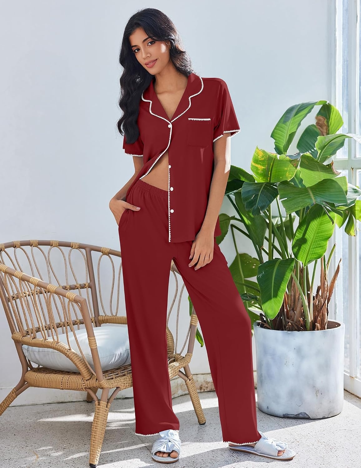 image:imageEkouaer Pajamas for Women Set Button Up Soft Pjs Short Sleeve Lounge SetsWine Red