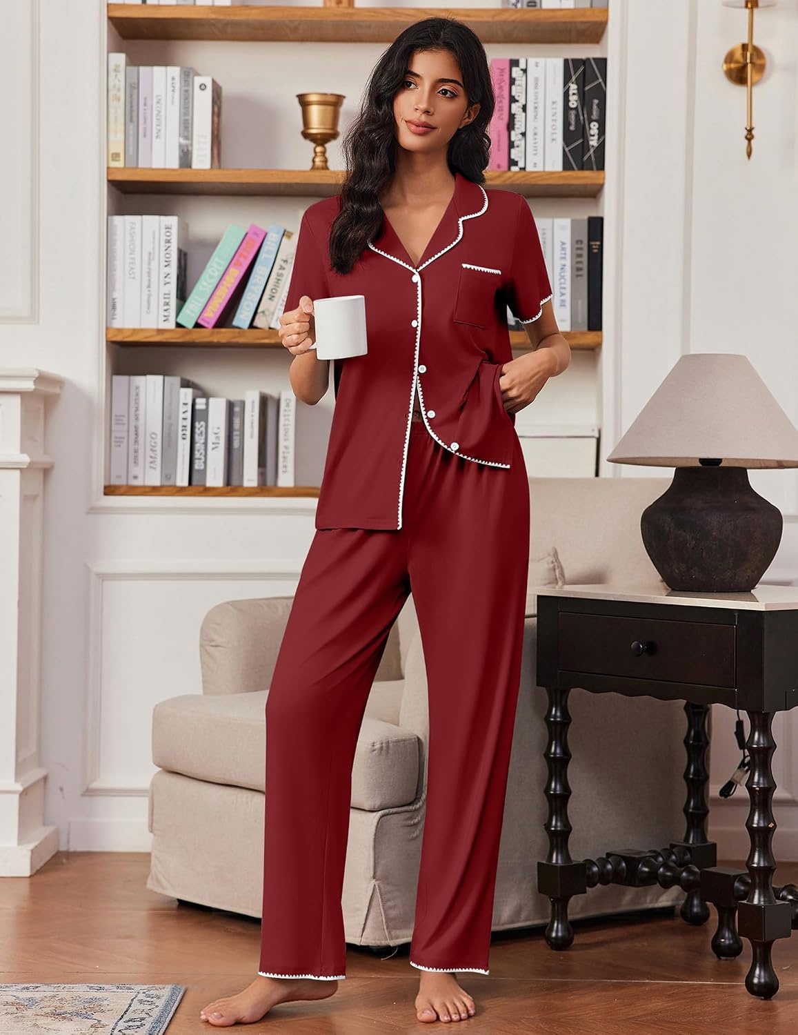 image:imageEkouaer Pajamas for Women Set Button Up Soft Pjs Short Sleeve Lounge SetsWine Red