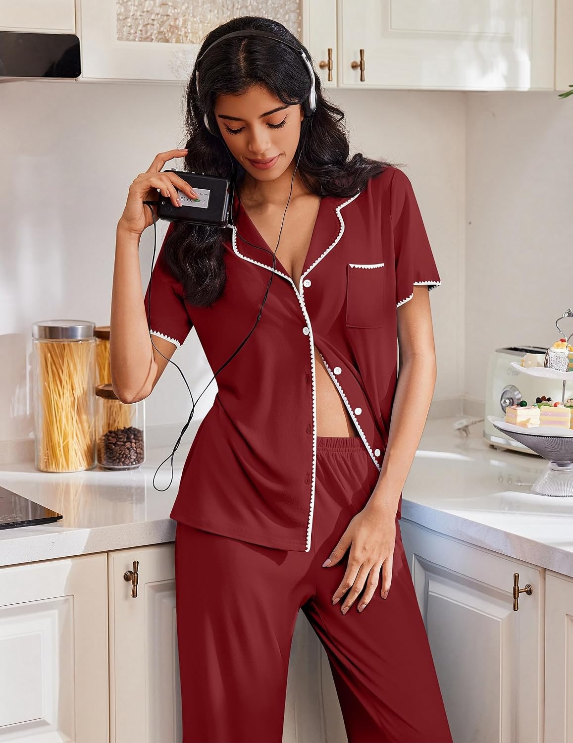 image:imageEkouaer Pajamas for Women Set Button Up Soft Pjs Short Sleeve Lounge SetsWine Red