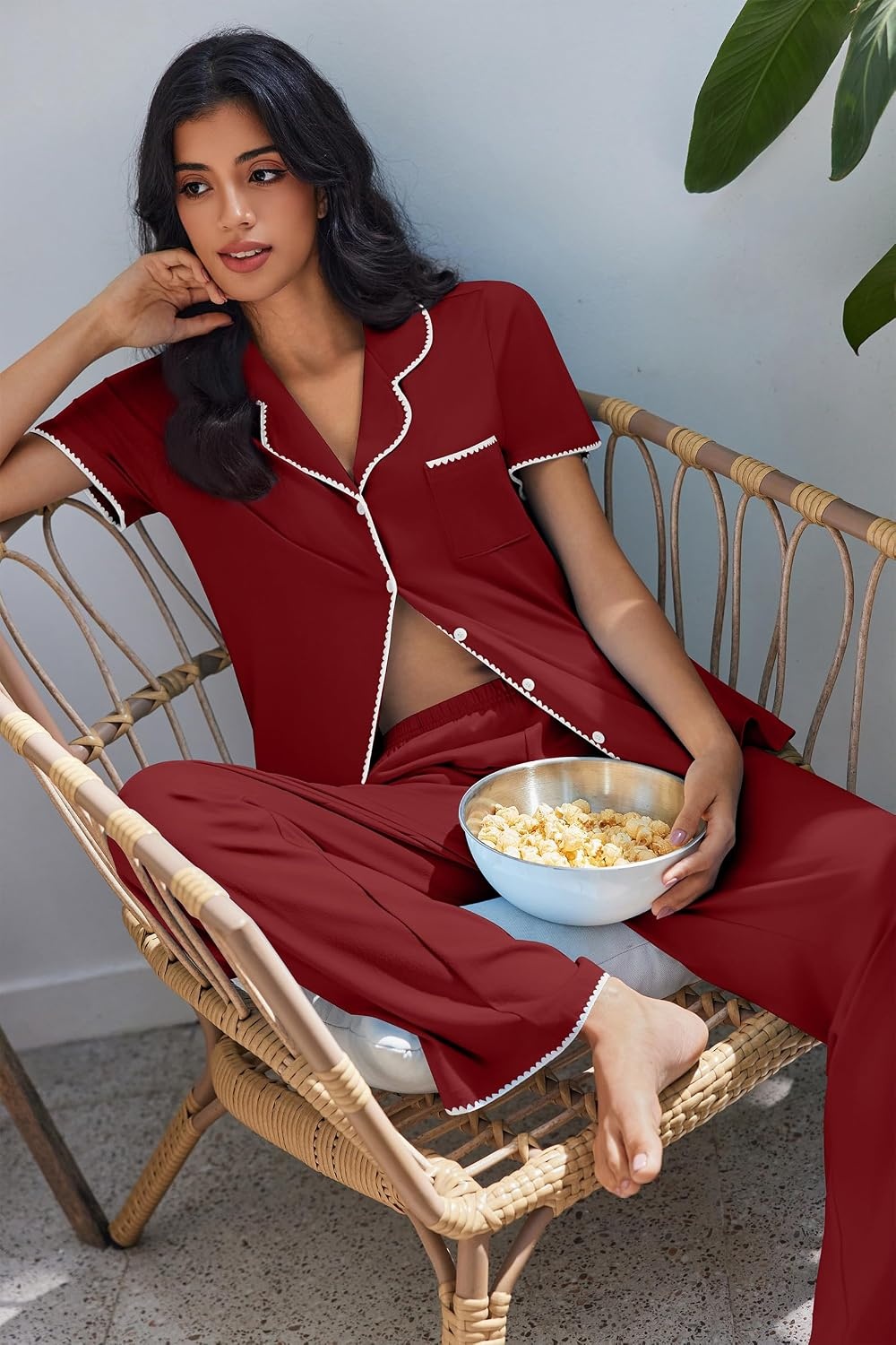 image:imageEkouaer Pajamas for Women Set Button Up Soft Pjs Short Sleeve Lounge SetsWine Red