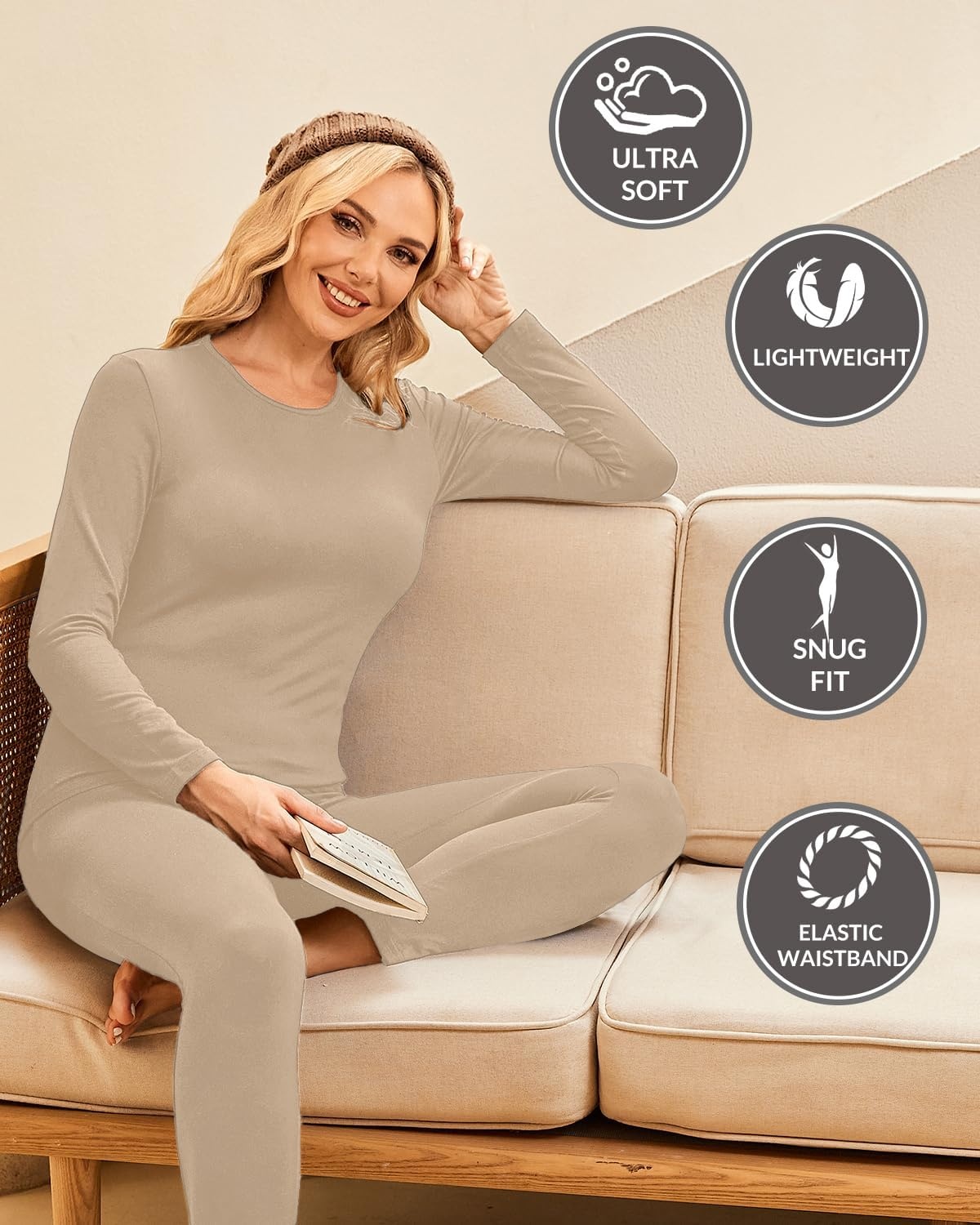 image:imageEkouaer Thermal Underwear for Women Long Johns Sets Lightweight Base LayerKhaki