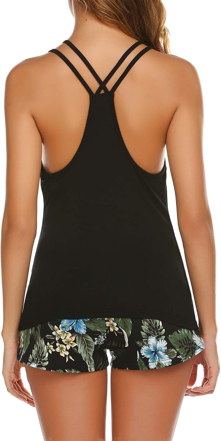 image:imageEkouaer Womens Cami Pajama Set Sleeveless Racerback Tank Top Soft SleepwearBlack Floral
