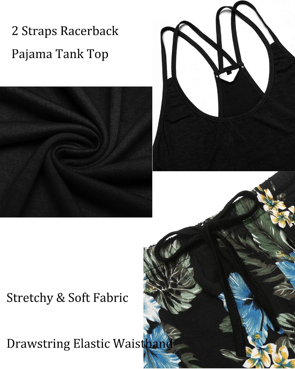 image:imageEkouaer Womens Cami Pajama Set Sleeveless Racerback Tank Top Soft SleepwearBlack Floral