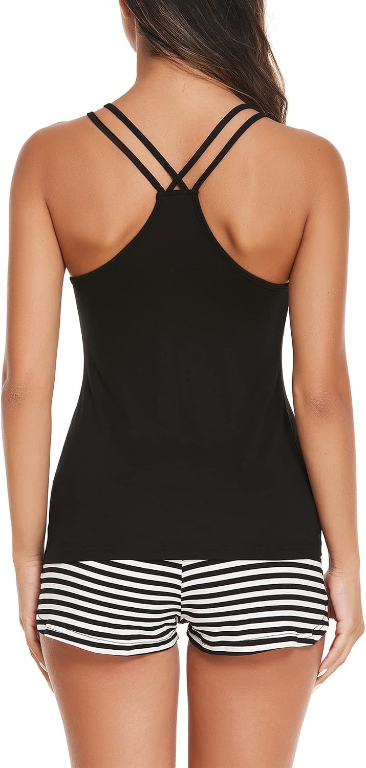 image:imageEkouaer Womens Cami Pajama Set Sleeveless Racerback Tank Top Soft SleepwearBlack Stripes