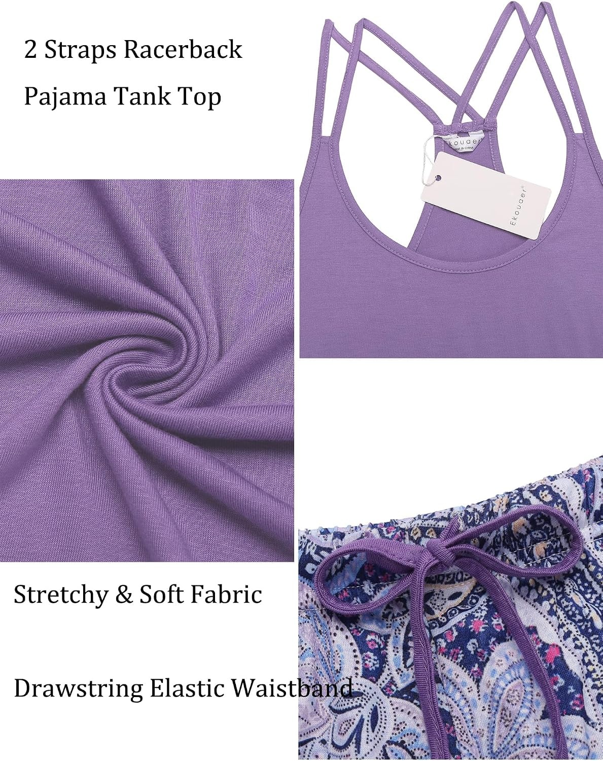 image:imageEkouaer Womens Cami Pajama Set Sleeveless Racerback Tank Top Soft SleepwearPurple Floral