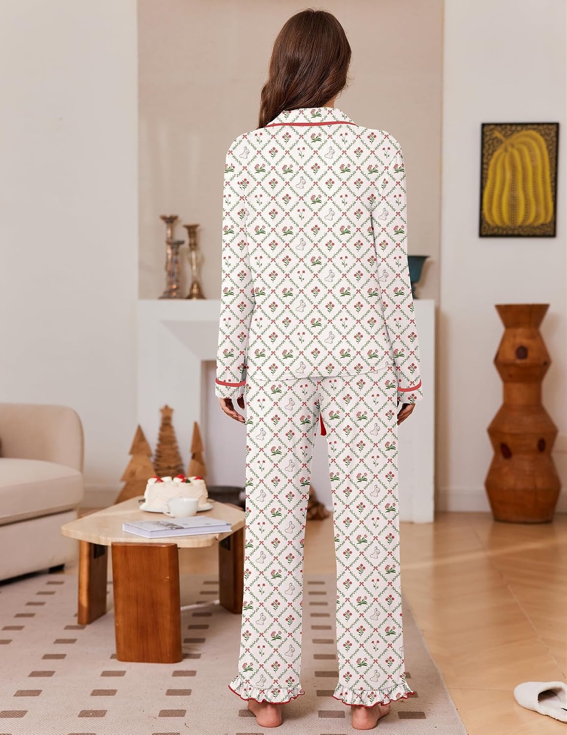 image:imageEkouaer Womens Pajama Sets Long Sleeve Sleepwear Button Down Pjs LoungewearBeige Bunny Flower