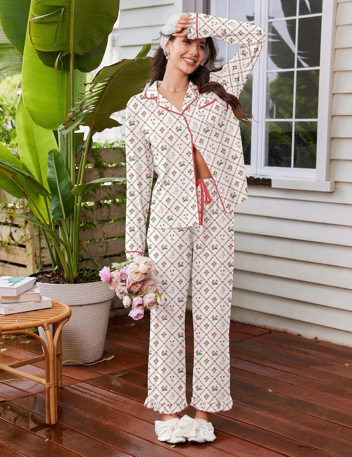 image:imageEkouaer Womens Pajama Sets Long Sleeve Sleepwear Button Down Pjs LoungewearBeige Bunny Flower