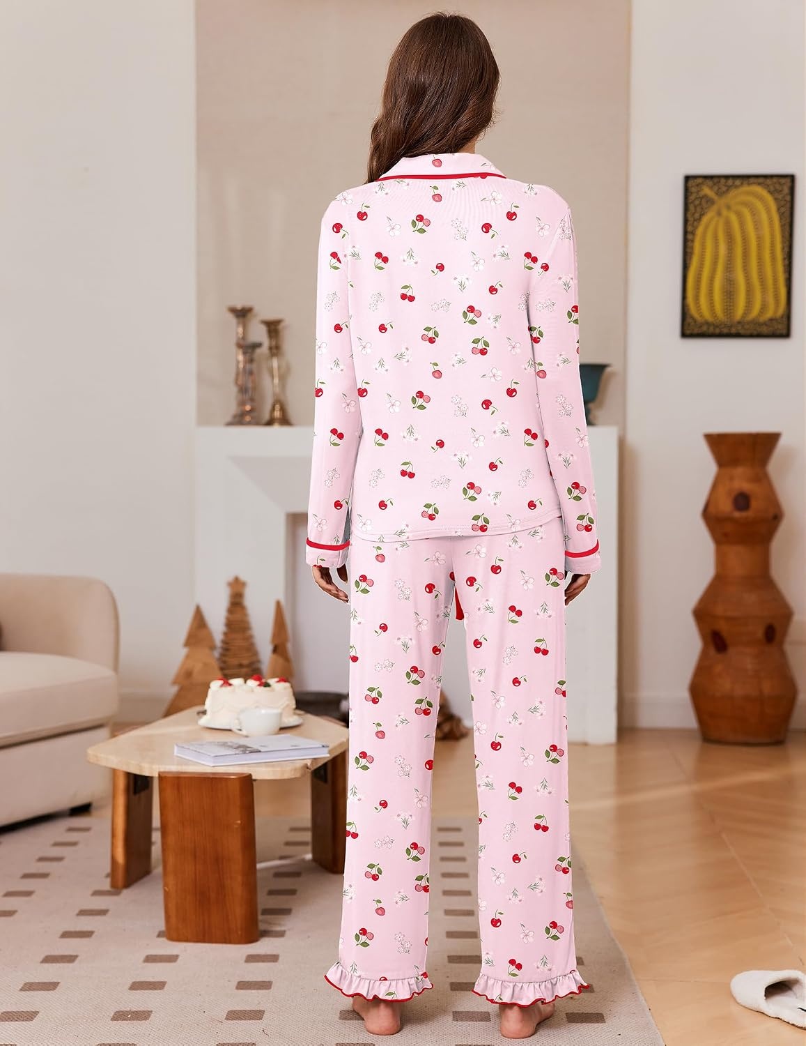 image:imageEkouaer Womens Pajama Sets Long Sleeve Sleepwear Button Down Pjs LoungewearPink Cherry Blossom