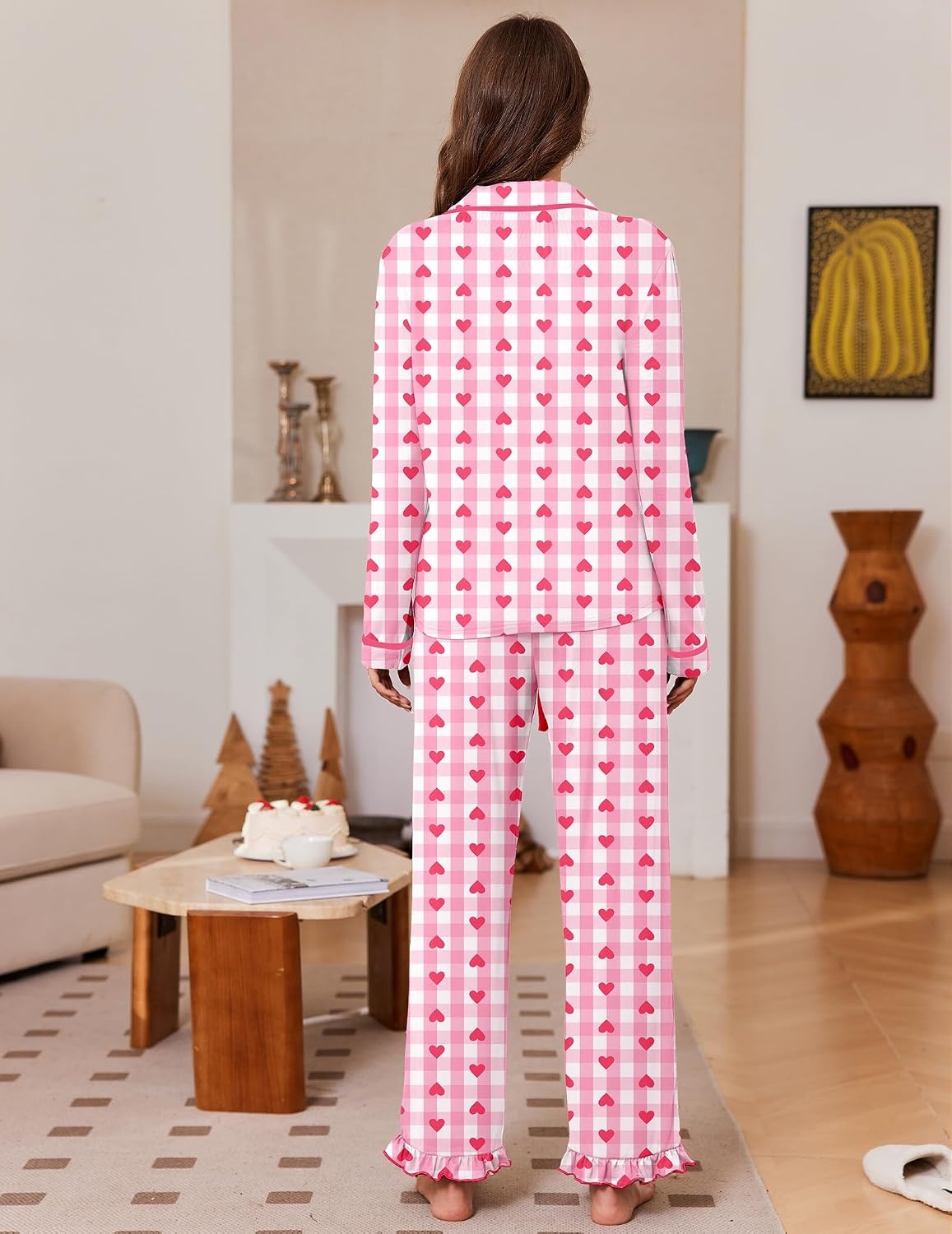 image:imageEkouaer Womens Pajama Sets Long Sleeve Sleepwear Button Down Pjs LoungewearPink Heart Plaid