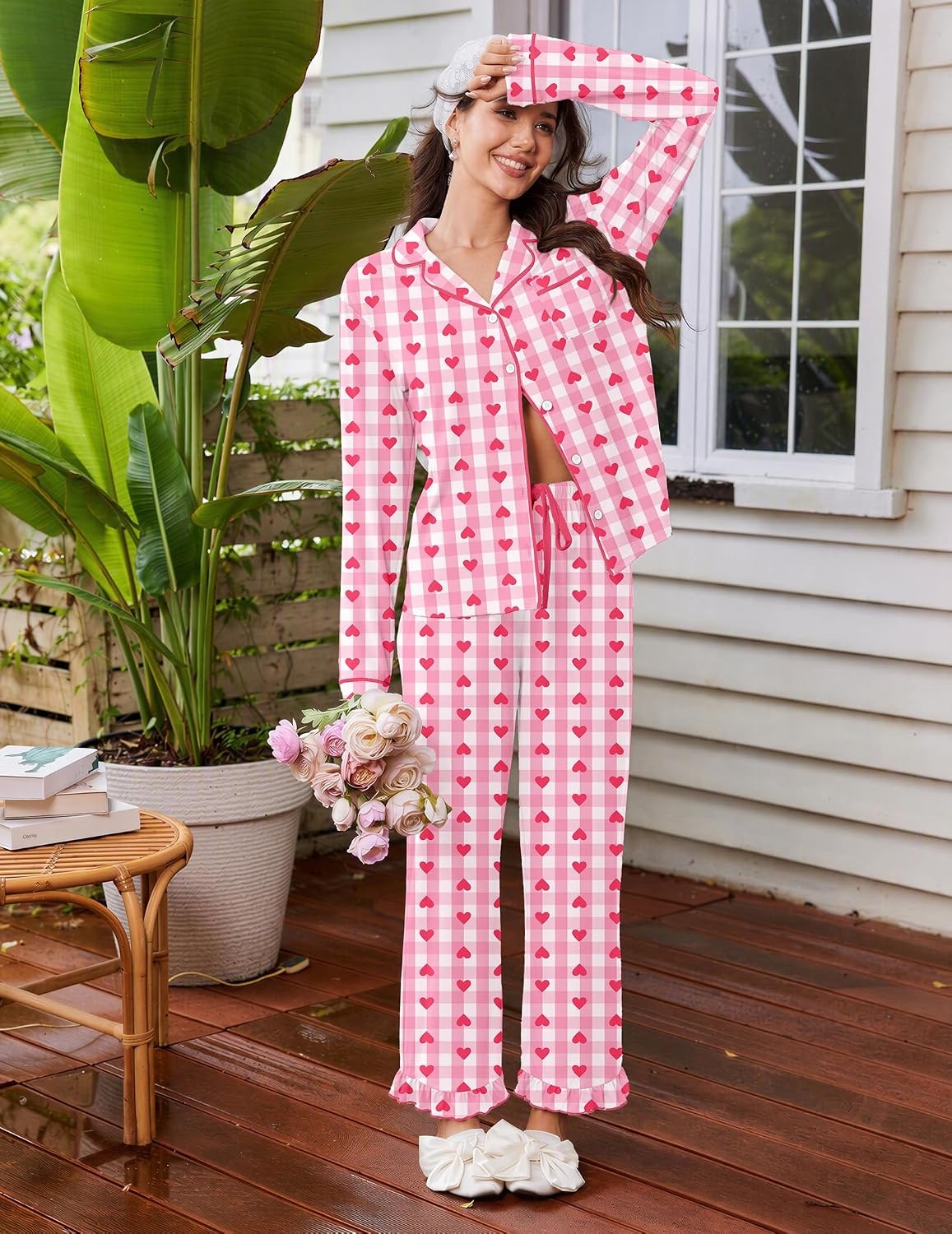 image:imageEkouaer Womens Pajama Sets Long Sleeve Sleepwear Button Down Pjs LoungewearPink Heart Plaid