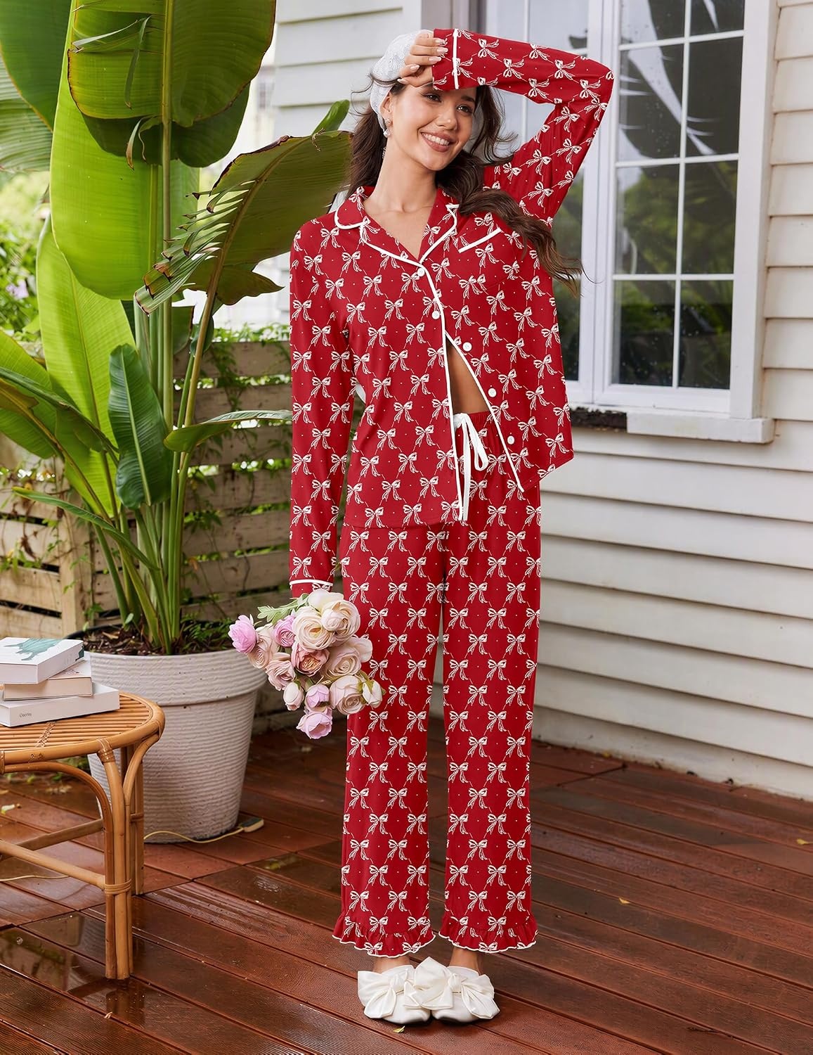 image:imageEkouaer Womens Pajama Sets Long Sleeve Sleepwear Button Down Pjs LoungewearRed Bowknot