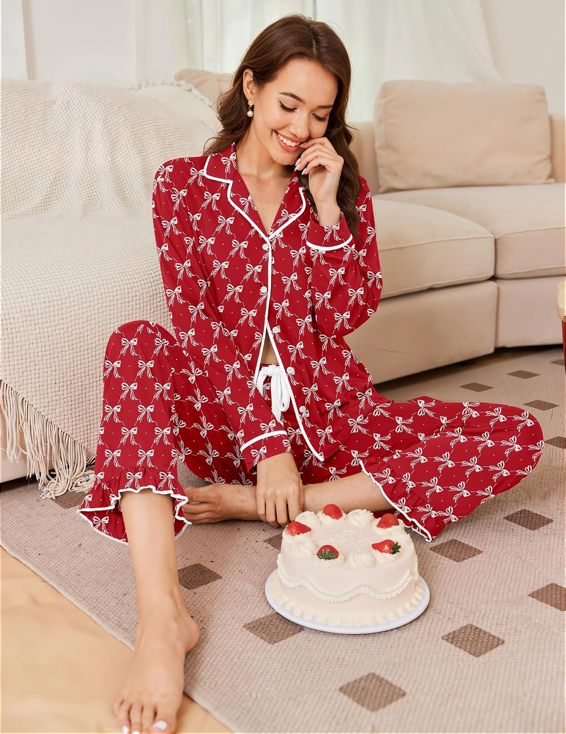 image:imageEkouaer Womens Pajama Sets Long Sleeve Sleepwear Button Down Pjs LoungewearRed Bowknot