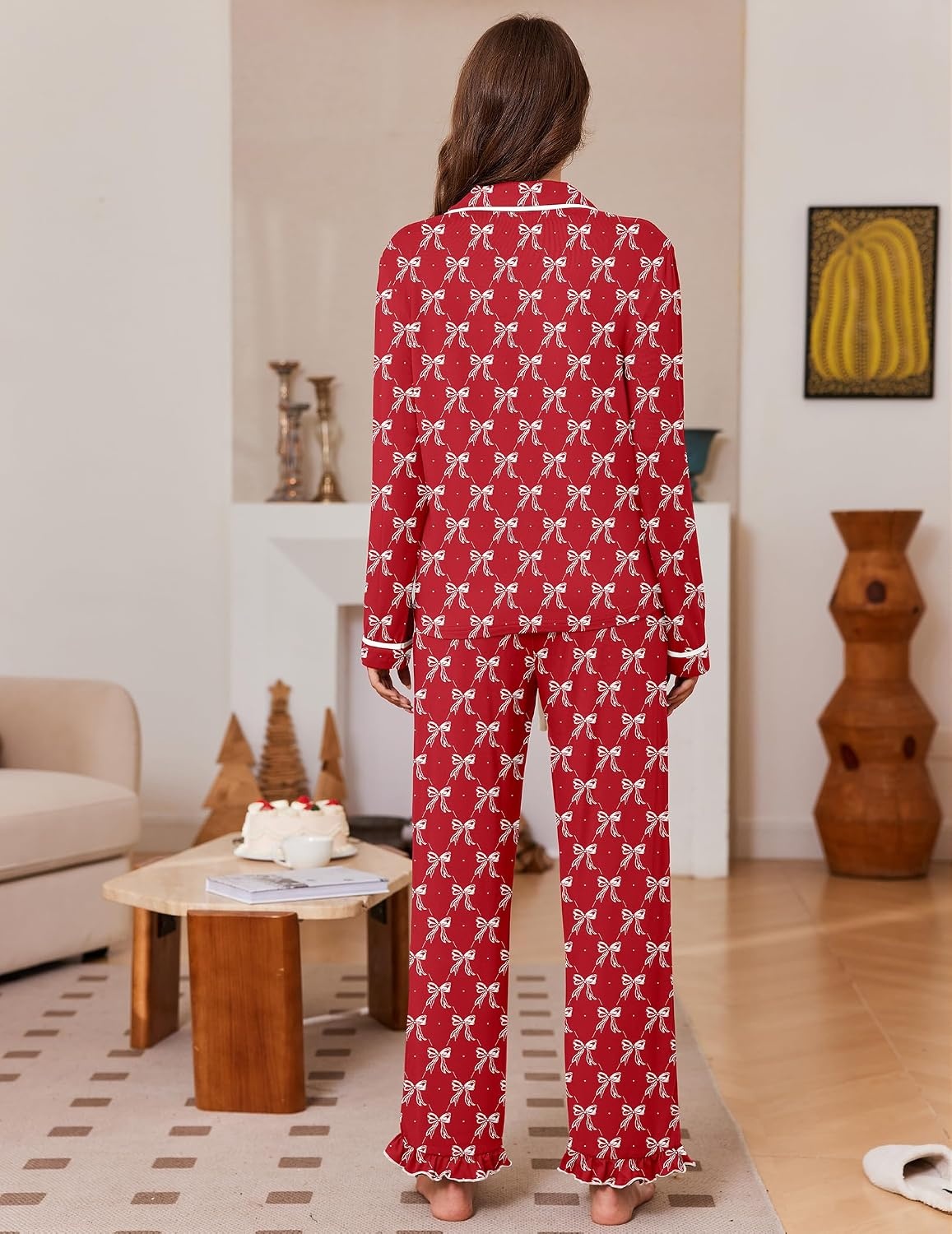 image:imageEkouaer Womens Pajama Sets Long Sleeve Sleepwear Button Down Pjs LoungewearRed Bowknot