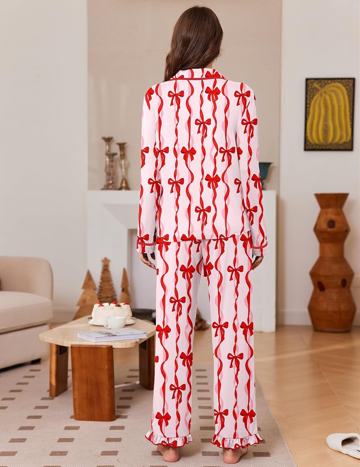 image:imageEkouaer Womens Pajama Sets Long Sleeve Sleepwear Button Down Pjs LoungewearRed Bowknot Stripes