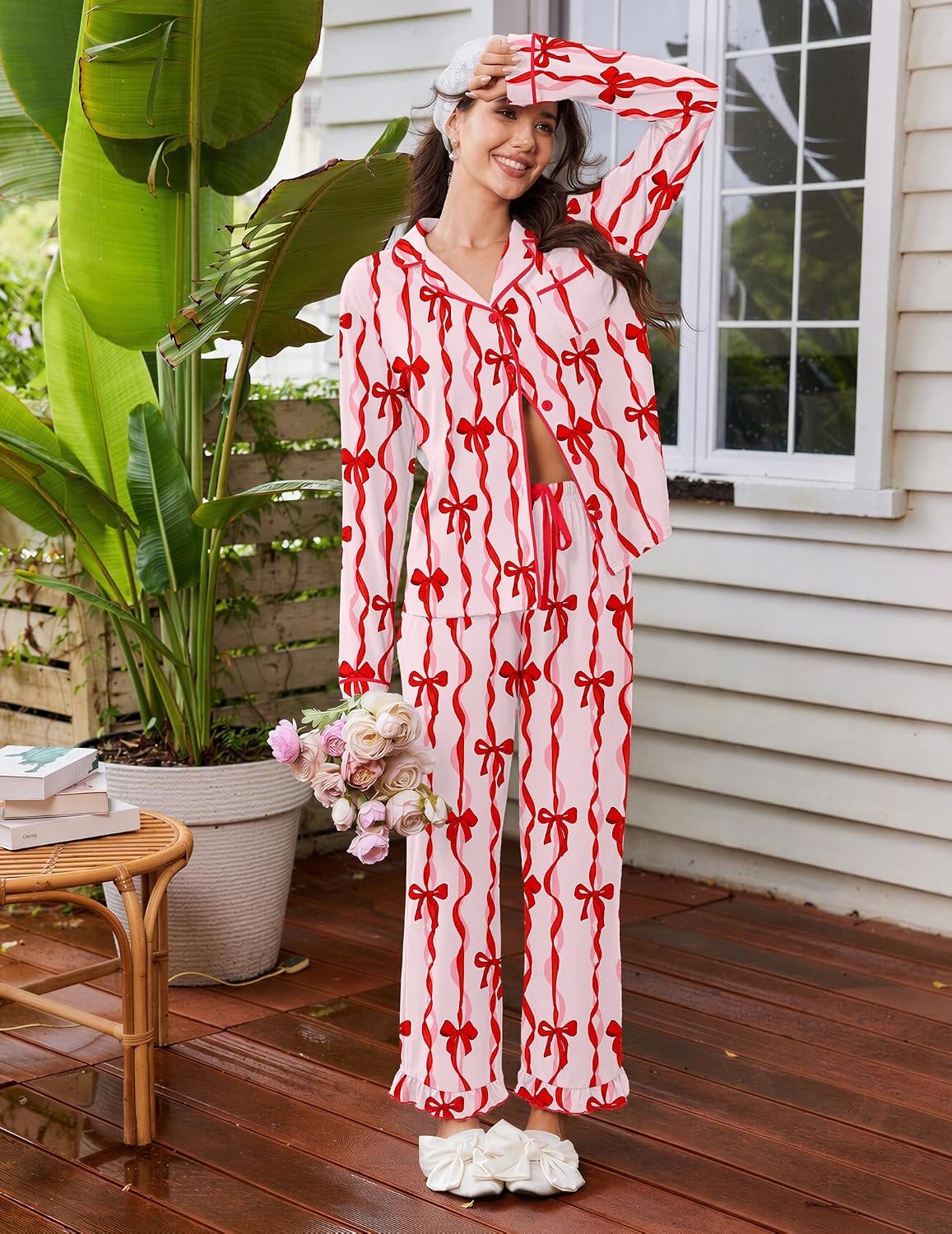 image:imageEkouaer Womens Pajama Sets Long Sleeve Sleepwear Button Down Pjs LoungewearRed Bowknot Stripes
