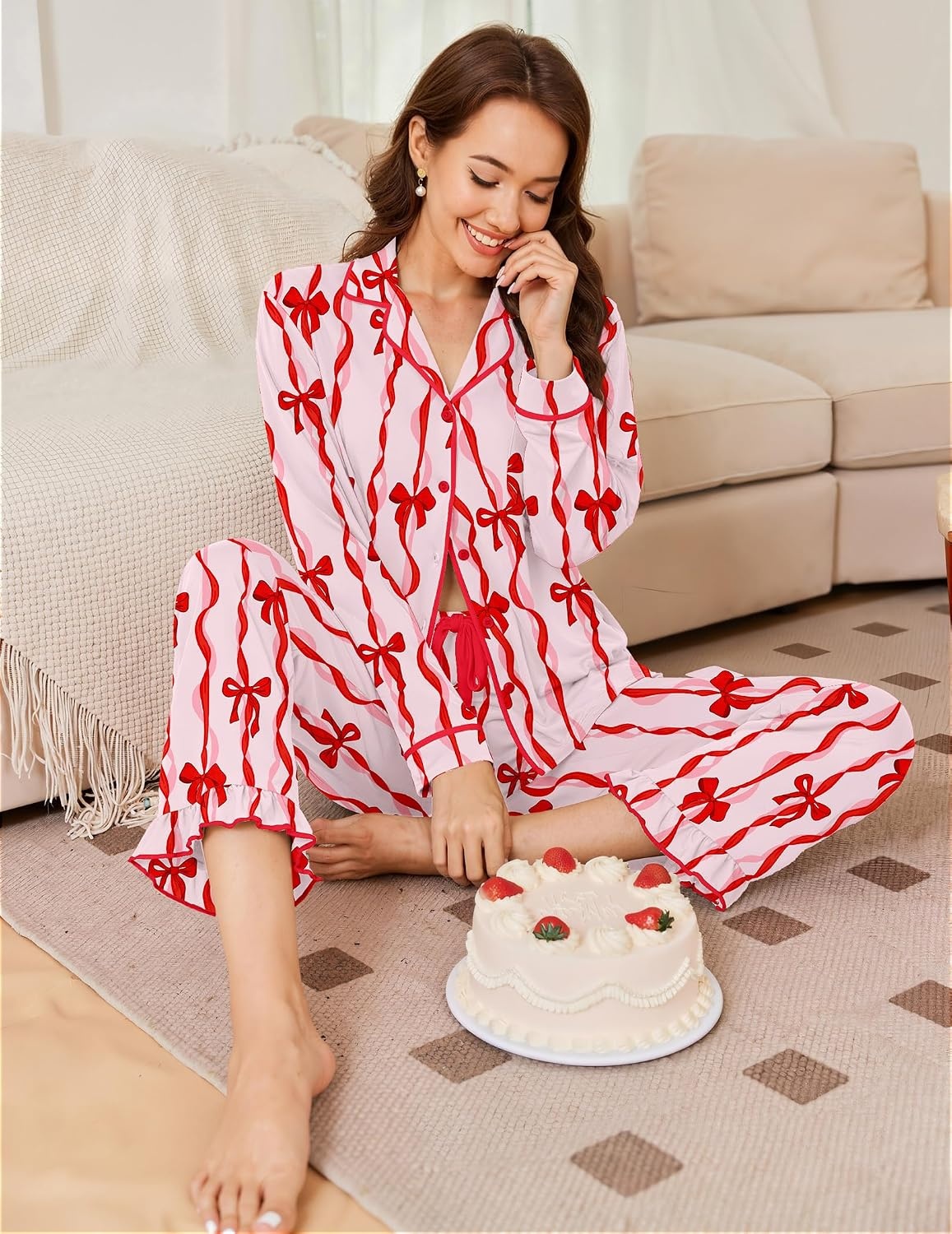 image:imageEkouaer Womens Pajama Sets Long Sleeve Sleepwear Button Down Pjs LoungewearRed Bowknot Stripes