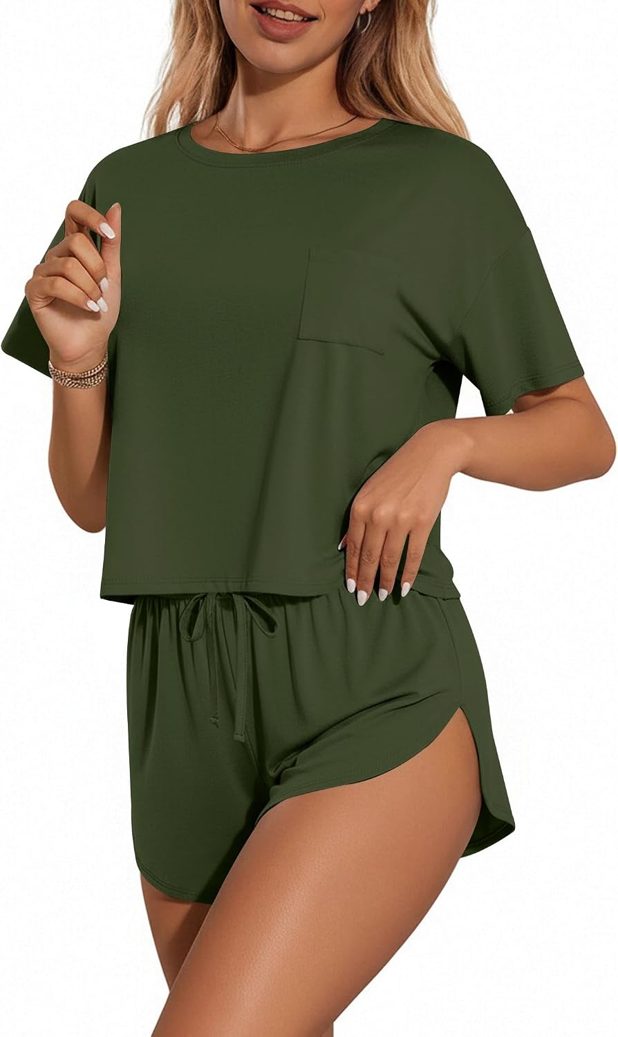 image:imageEkouaer Womens Pajama Sets Sexy Lounge Sets Side Split Short Pj SetsArmy Green